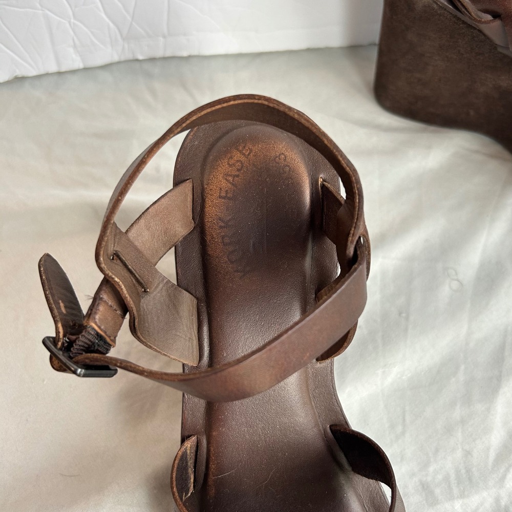 Kork-Ease Brown Leather Platform Wedge Sandals Suede Wrap Boho Retro Womens 8 - Picture 5 of 16